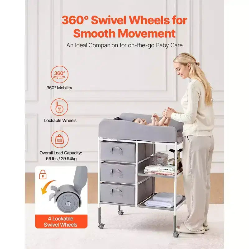 Fasciatoio portatile grigio con 3 cassetti e ruote, per 1 bambino
