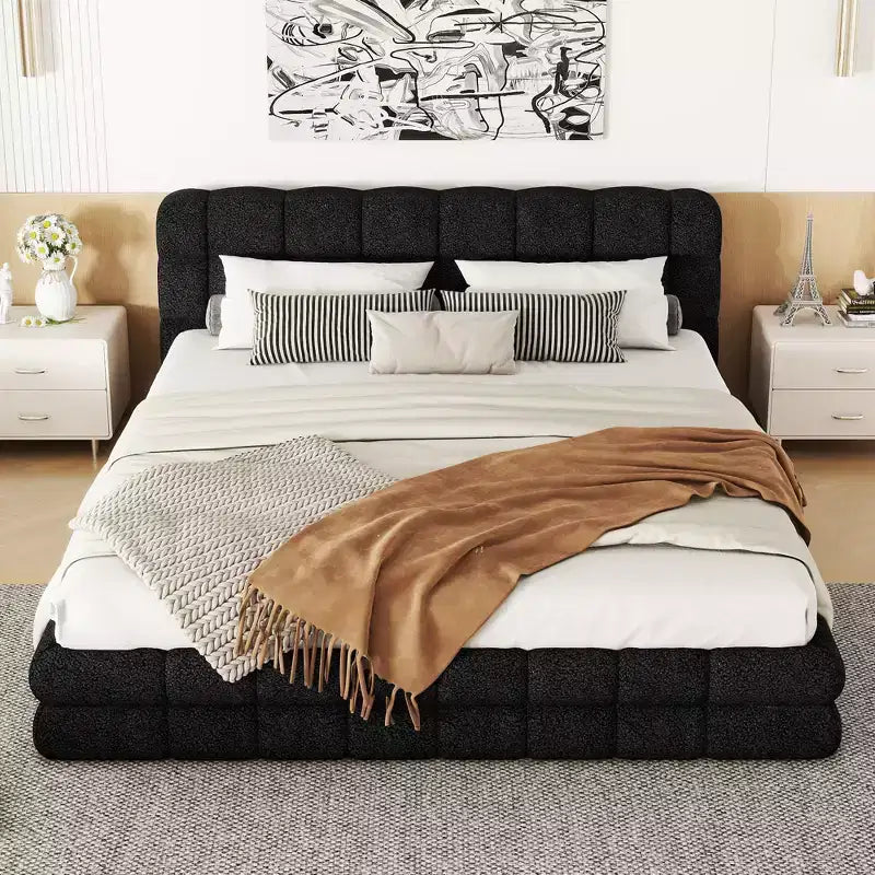 Letto a piattaforma imbottito in velluto, Queen/King, 2 posti – Nero/Bianco