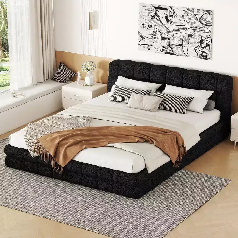 Queen Size Upholstered Wooden Platform Bed Frame with Velvet Headboard - ModernLuxe