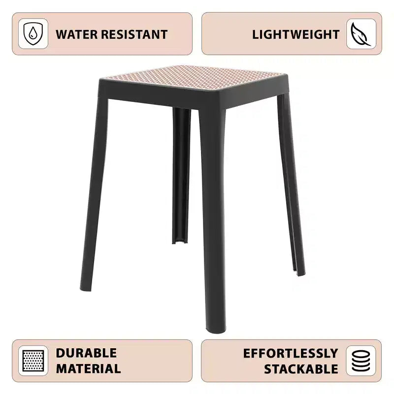 Sgabello quadrato impilabile Nero/Verde/Grigio/Arancione/Rosso/Bianco/Giallo con piano in vimini, senza schienale, 1 posto