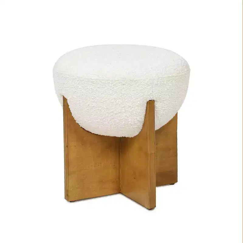 Pouf rotondo rivestito in bianco avorio con base in legno, 1 posto a sedere