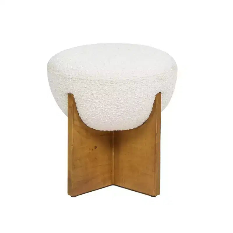 Pouf rotondo rivestito in bianco avorio con base in legno, 1 posto a sedere