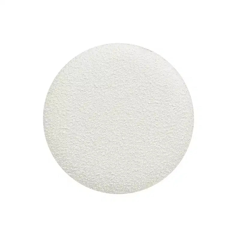 Pouf rotondo rivestito in bianco avorio con base in legno, 1 posto a sedere