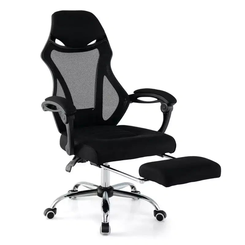 Sedia da ufficio ergonomica in rete nera con poggiapiedi e schienale reclinabile, 1 persona