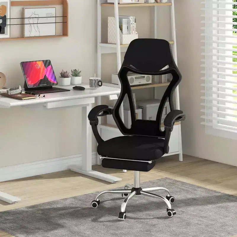 Sedia da ufficio ergonomica in rete nera con poggiapiedi e schienale reclinabile, 1 persona
