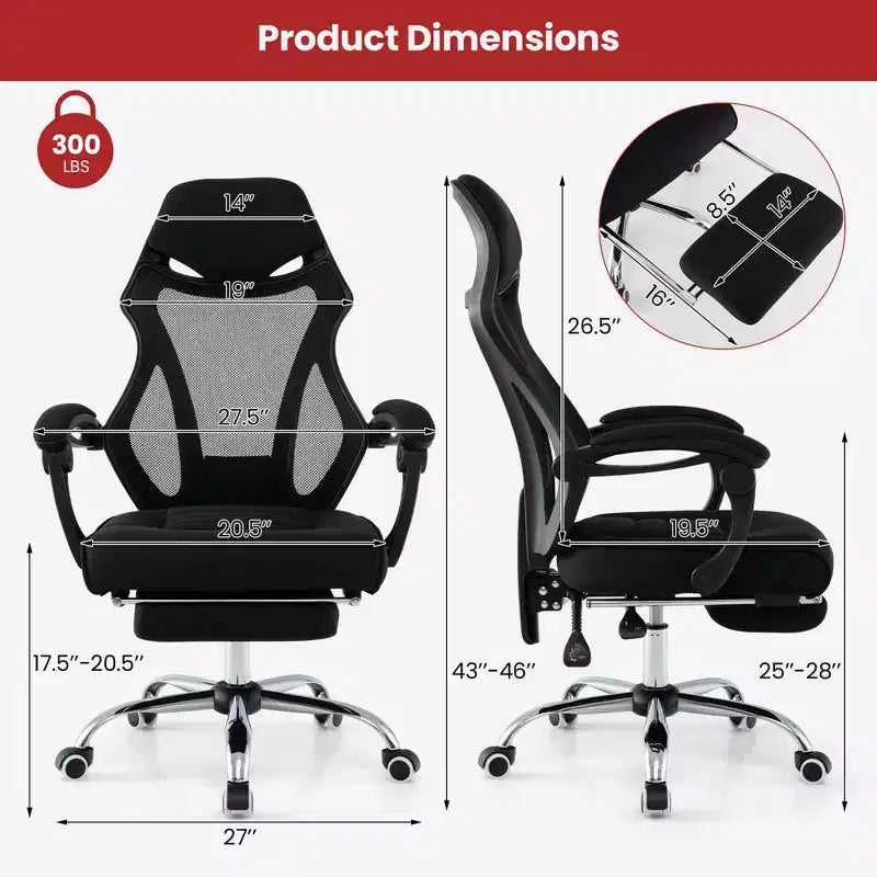 Sedia da ufficio ergonomica in rete nera con poggiapiedi e schienale reclinabile, 1 persona