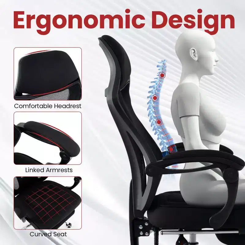 Sedia da ufficio ergonomica in rete nera con poggiapiedi e schienale reclinabile, 1 persona