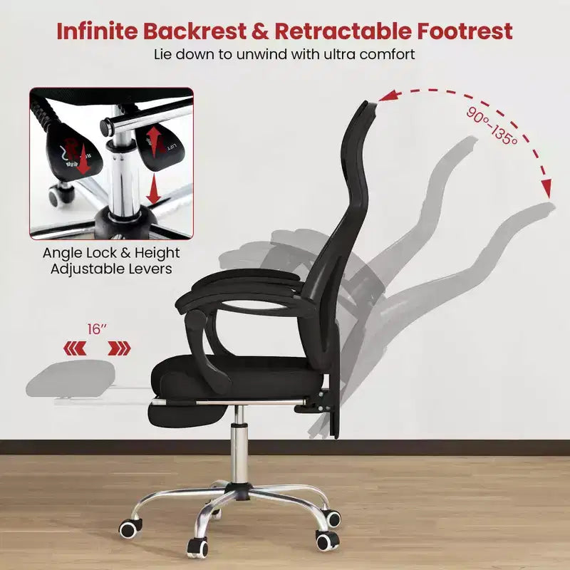 Sedia da ufficio ergonomica in rete nera con poggiapiedi e schienale reclinabile, 1 persona