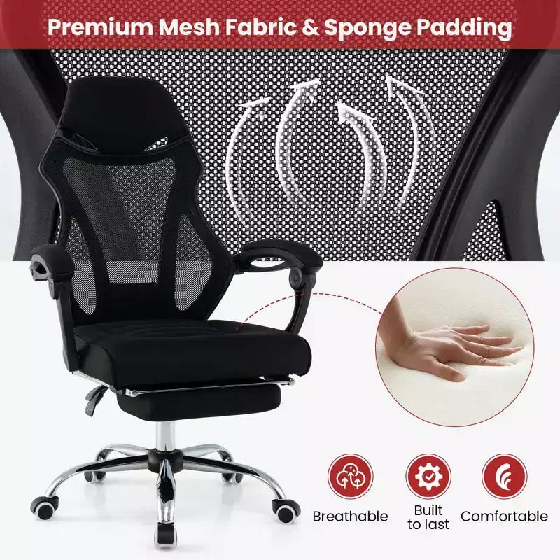 Sedia da ufficio ergonomica in rete nera con poggiapiedi e schienale reclinabile, 1 persona
