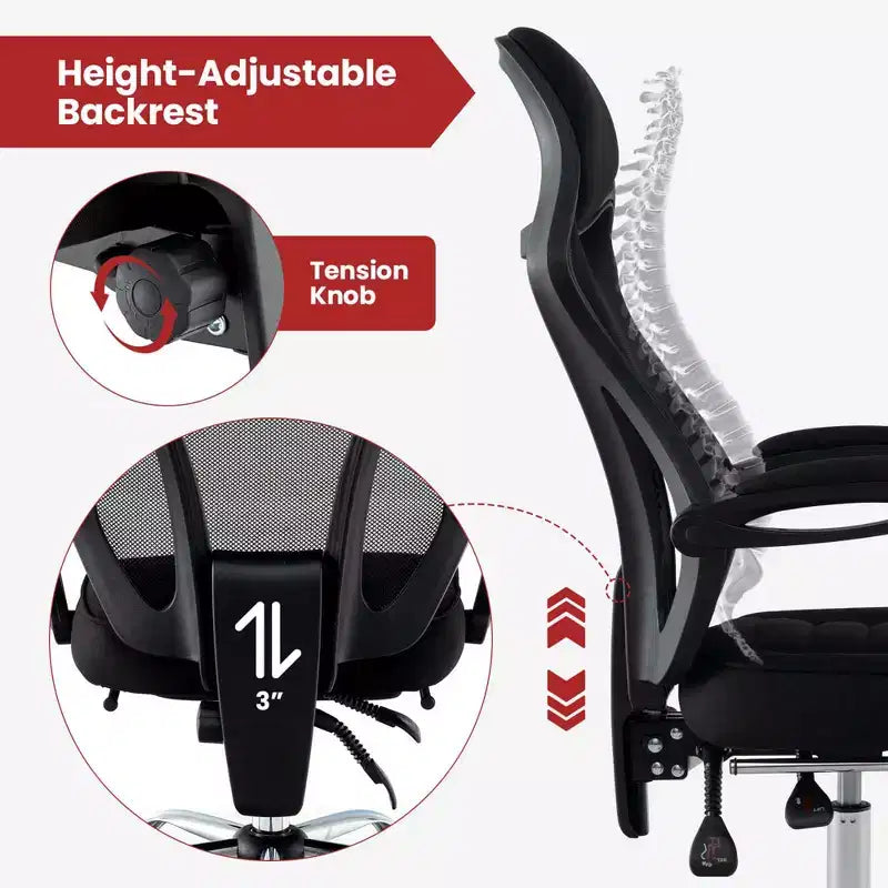 Sedia da ufficio ergonomica in rete nera con poggiapiedi e schienale reclinabile, 1 persona