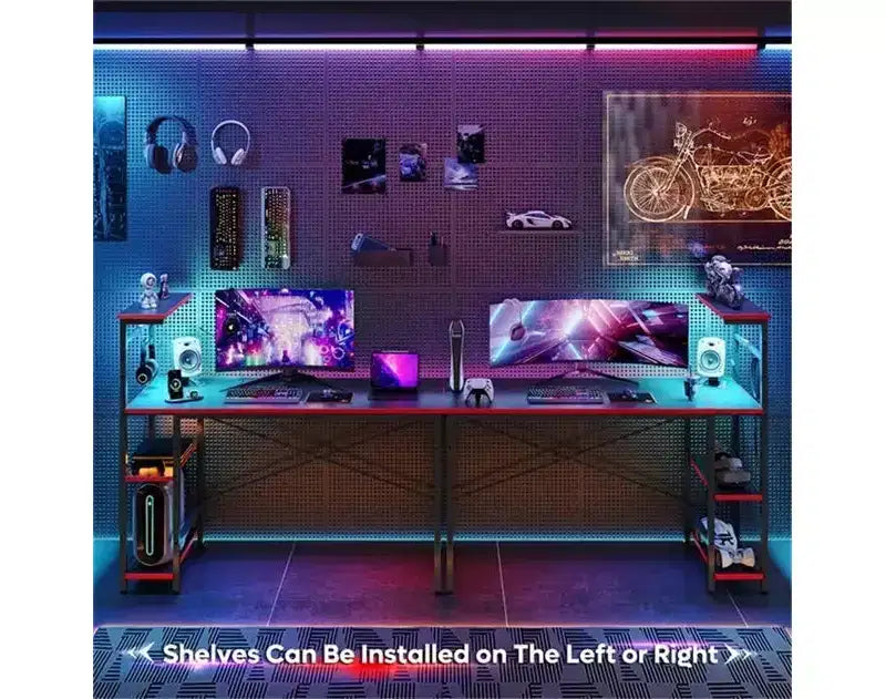 Scrivania da Gaming a L Nera con Luci LED e Scaffali a 4 Ripiani, per 1 Persona