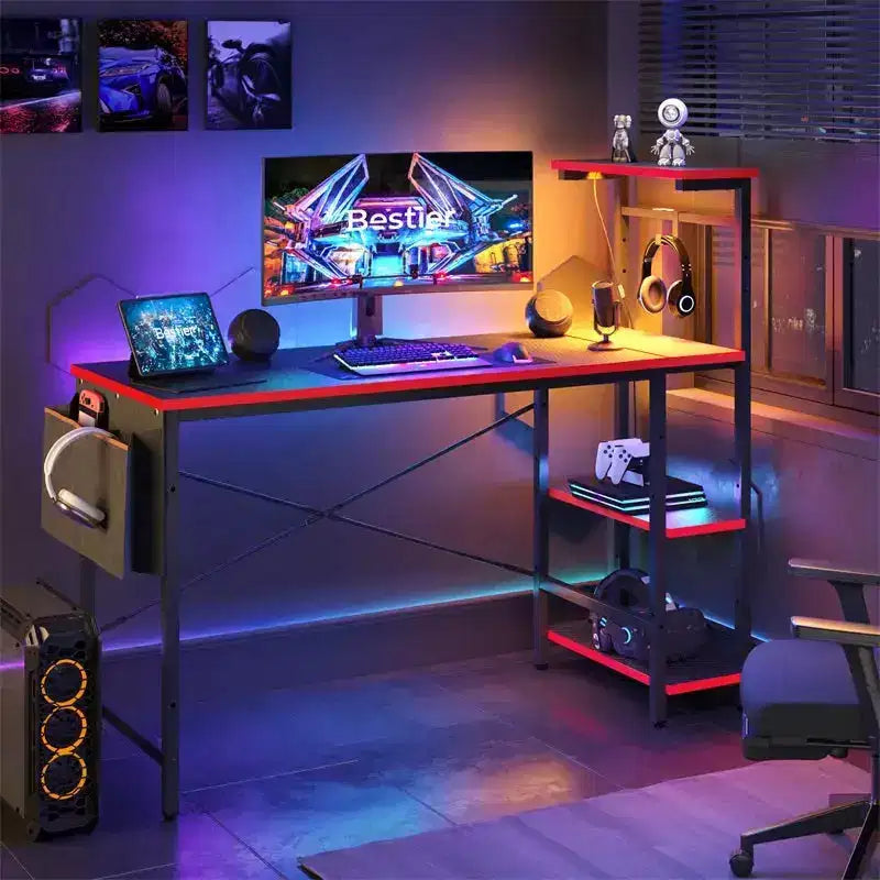 Scrivania da Gaming a L Nera con Luci LED e Scaffali a 4 Ripiani, per 1 Persona