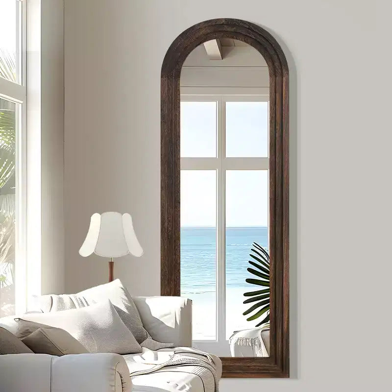 Specchio da parete ad arco in legno, singolo, marrone/bianco