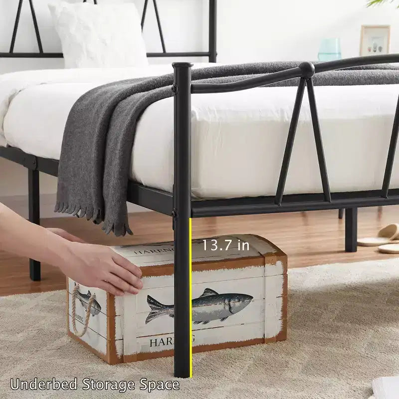 Struttura letto a piattaforma in metallo nero con testiera e pediera, singola/matrimoniale/queen, 1 persona